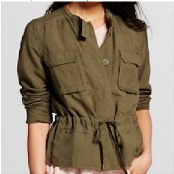 Who What Wear Linen Blend Army Green Utility Cargo Jacket Cinched Waist Sz M - Picture 1 of 9